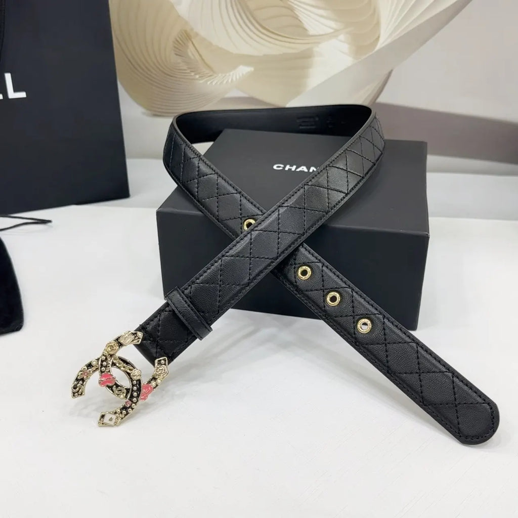 floral Chanel Black Quilted Belt - Hình 4