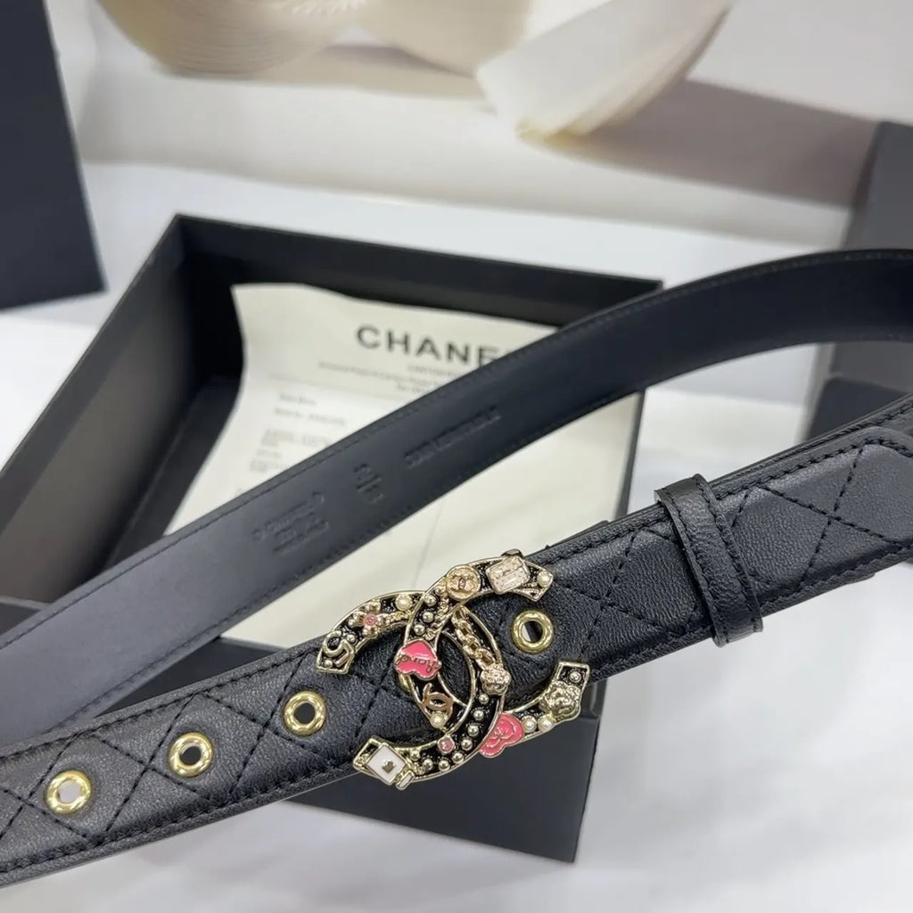 floral Chanel Black Quilted Belt - Hình 6