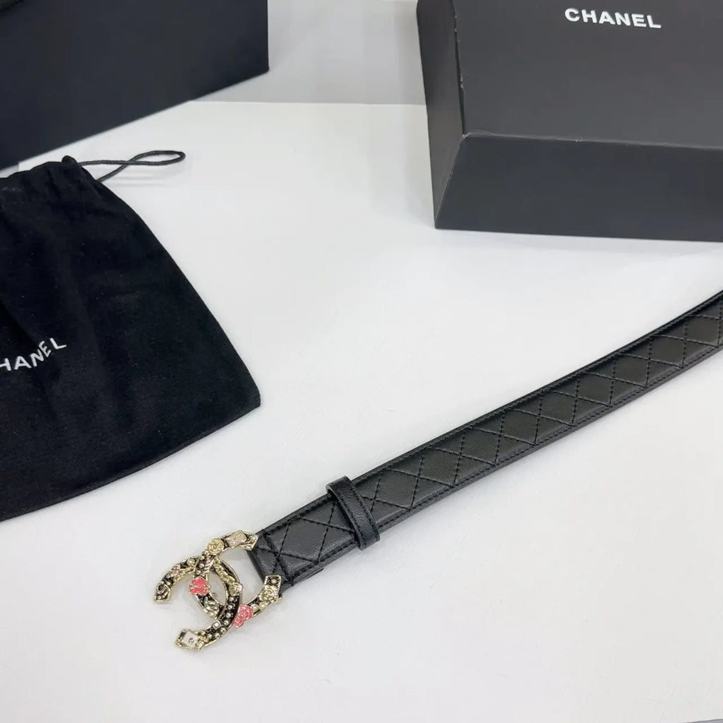 floral Chanel Black Quilted Belt - Hình 7