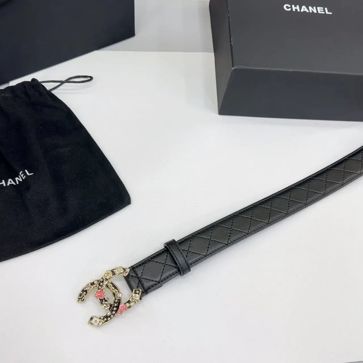 floral Chanel Black Quilted Belt - Hình 7