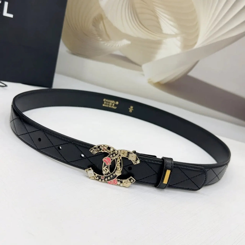 Chanel Black Quilted Belt Floral
