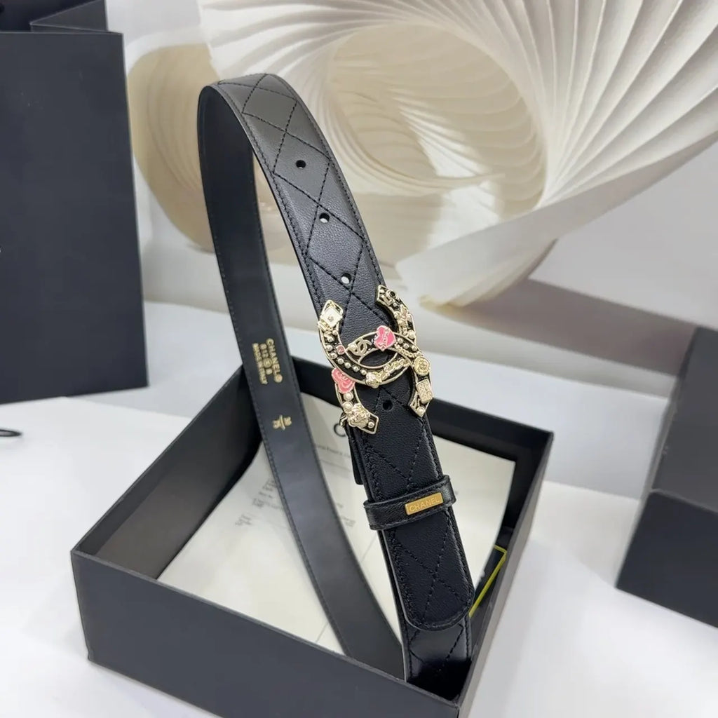 Chanel Black Quilted Belt Floral - Hình 2