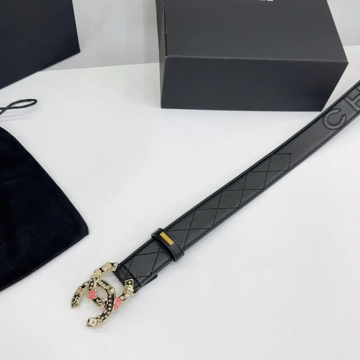 Chanel Black Quilted Belt Floral - Hình 8