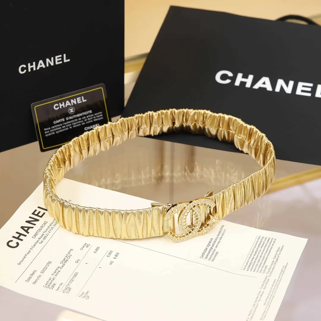 Chanel Gold Ruched Leather Belt