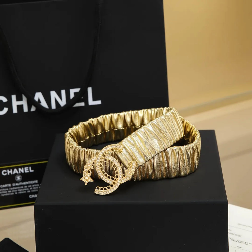 Chanel Gold Ruched Leather Belt - Hình 2