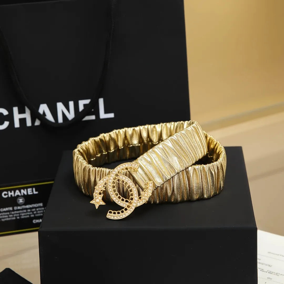 Chanel Gold Ruched Leather Belt - Hình 2