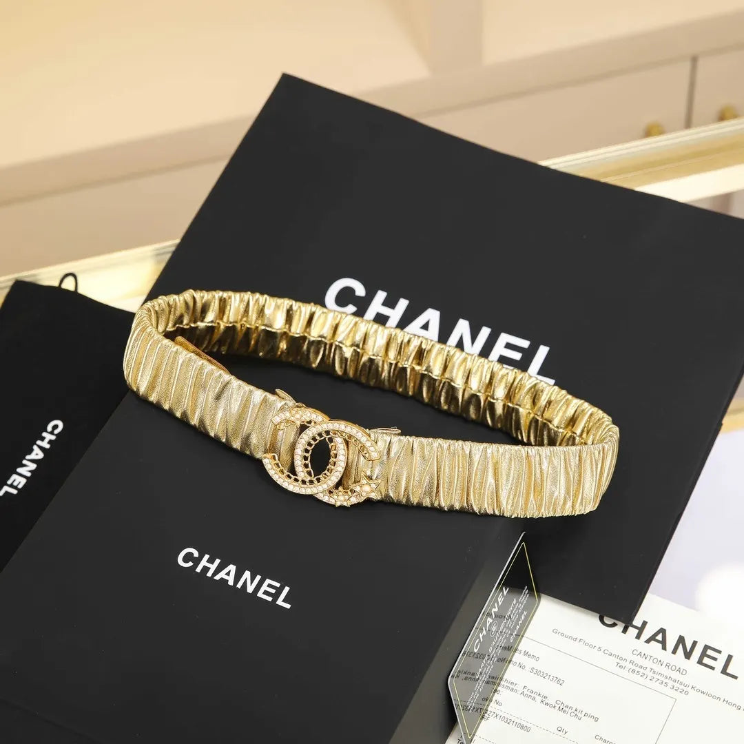 Chanel Gold Ruched Leather Belt - Hình 3
