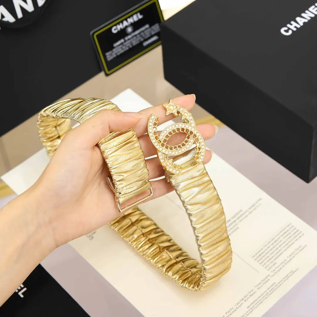 Chanel Gold Ruched Leather Belt - Hình 4