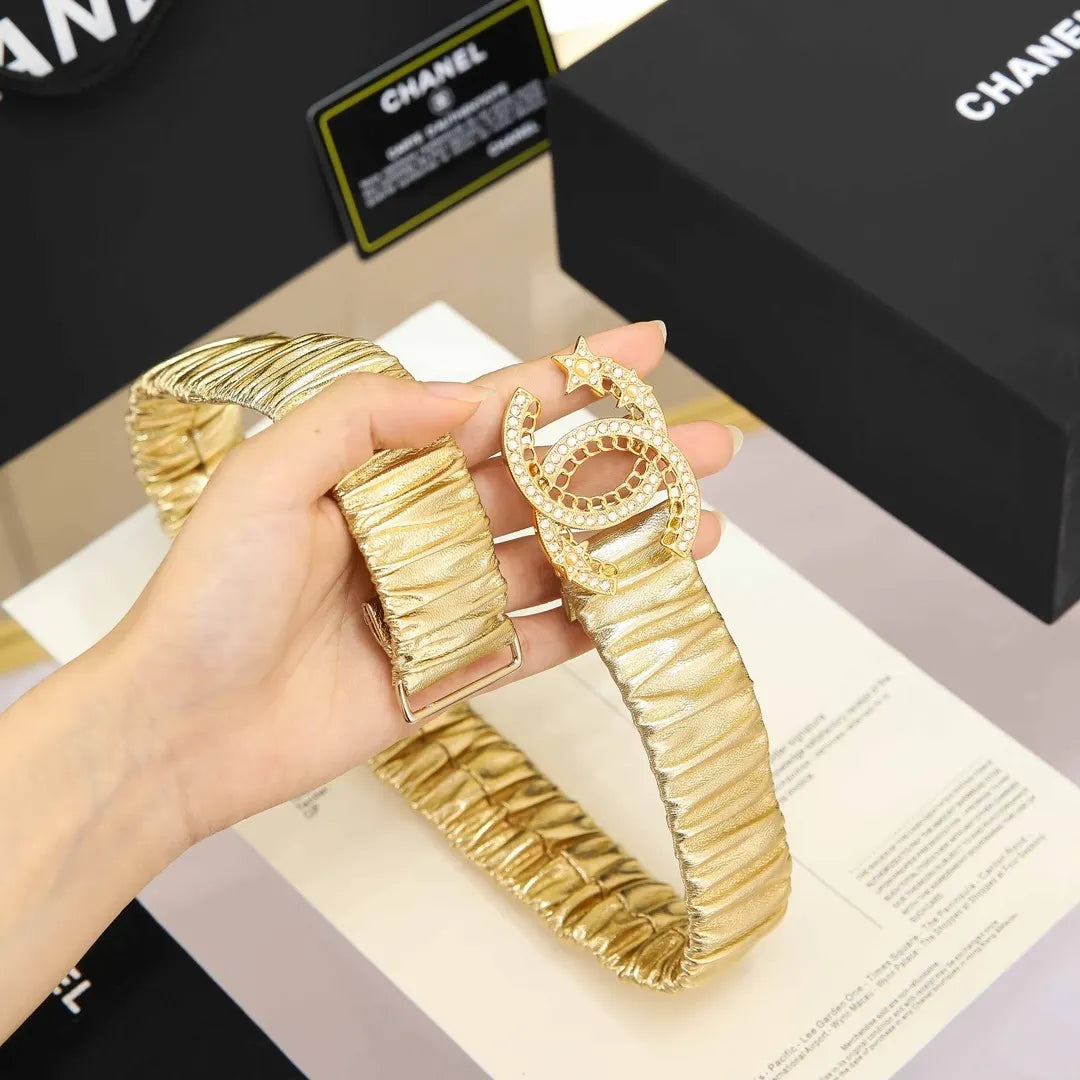 Chanel Gold Ruched Leather Belt - Hình 4