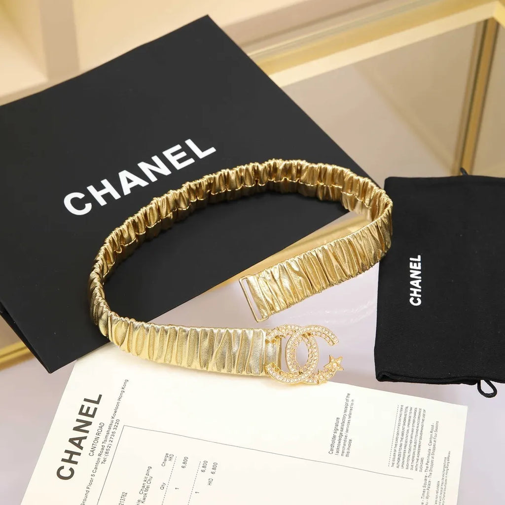 Chanel Gold Ruched Leather Belt - Hình 6