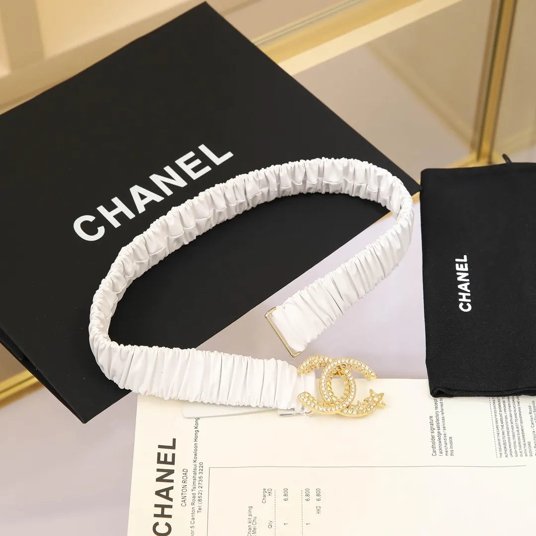 Chanel White Ruched Belt - Hình 5