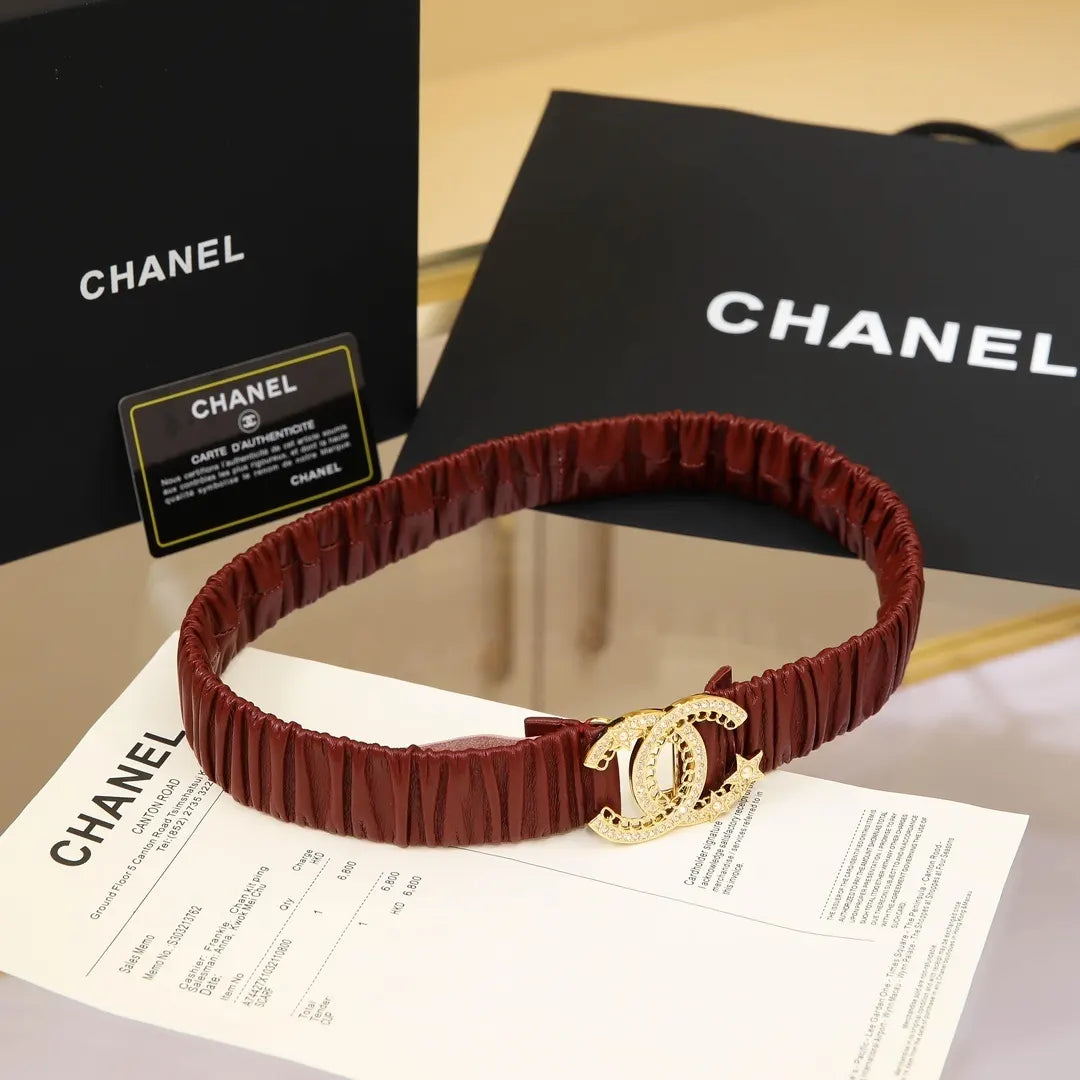 Chanel Burgundy Ruched Belt Gold CC