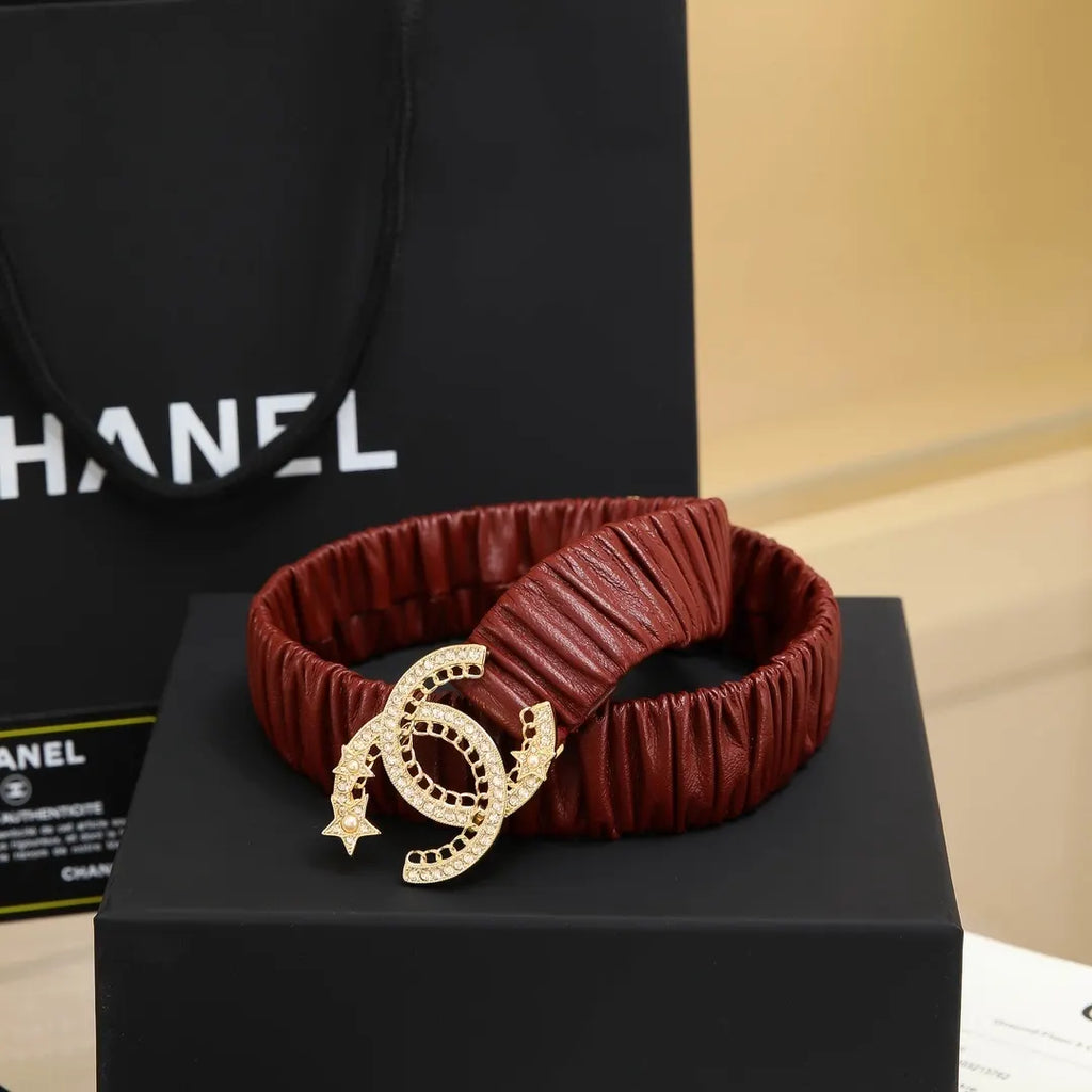 Chanel Burgundy Ruched Belt Gold CC - Hình 2