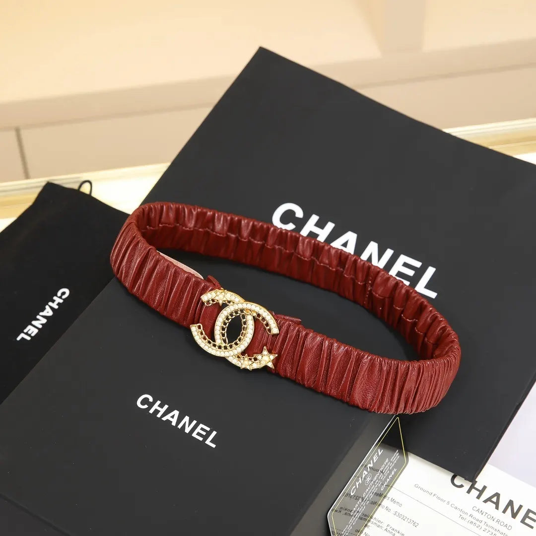 Chanel Burgundy Ruched Belt Gold CC - Hình 3