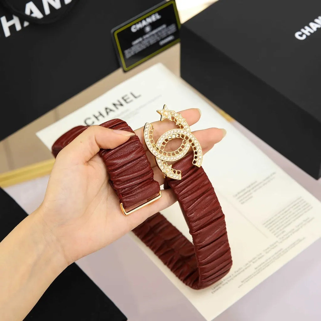 Chanel Burgundy Ruched Belt Gold CC - Hình 4