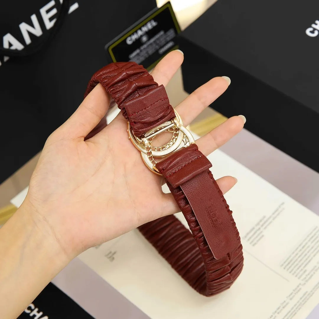 Chanel Burgundy Ruched Belt Gold CC - Hình 5