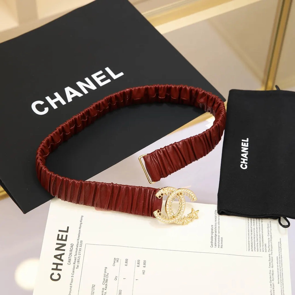 Chanel Burgundy Ruched Belt Gold CC - Hình 6