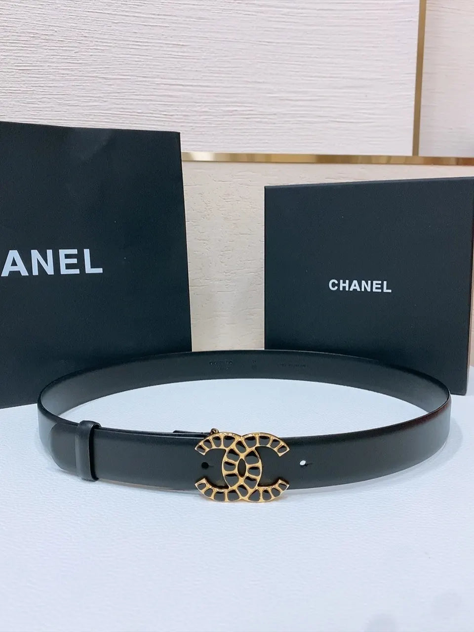 Chanel Black Leather Belt Gold Hollow