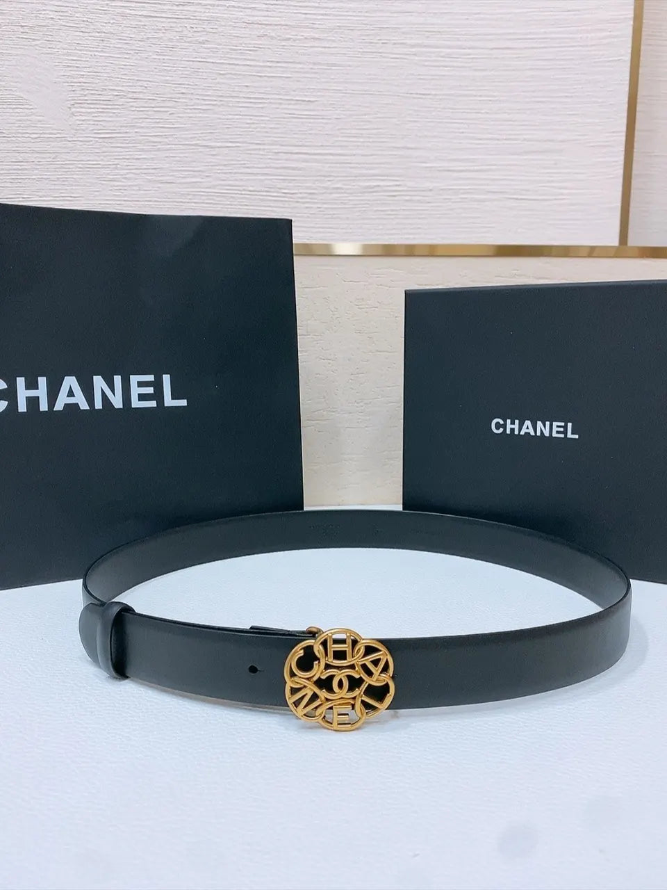 Chanel Black Leather Belt Golden Flower Buckle