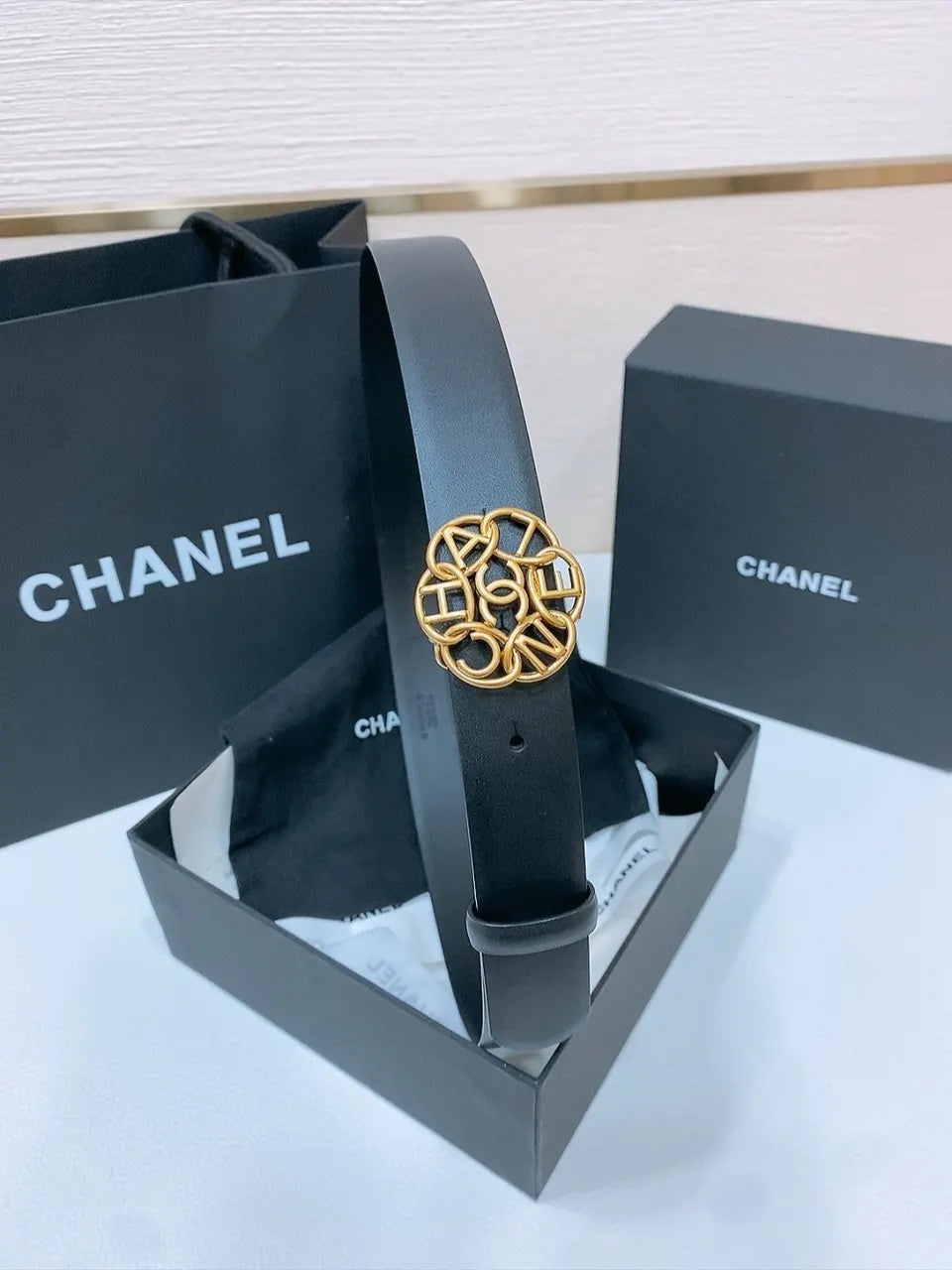 Chanel Black Leather Belt Golden Flower Buckle - Hình 6