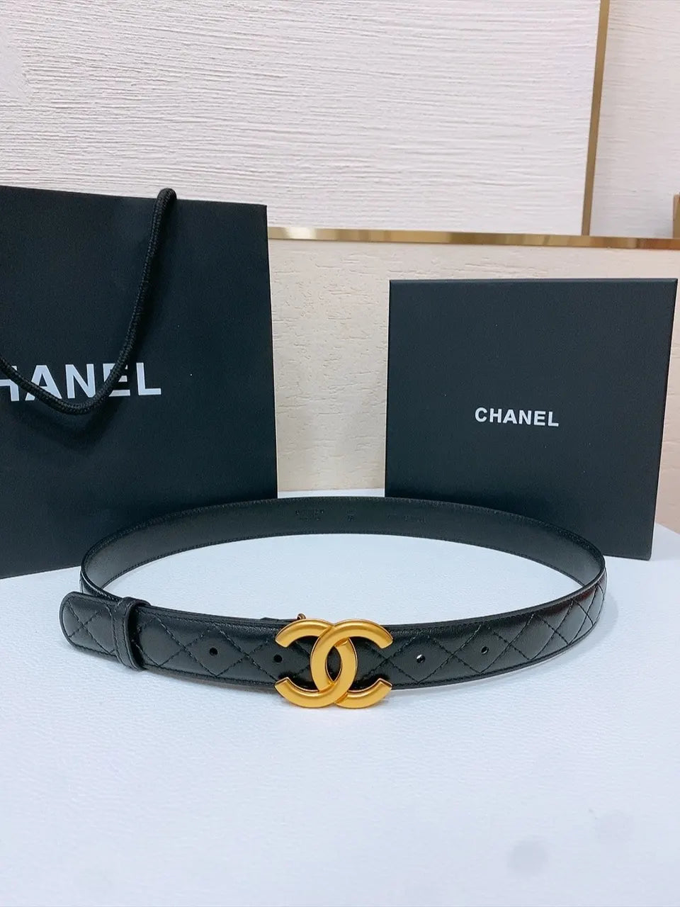 gold Chanel Quilted Black Leather Belt