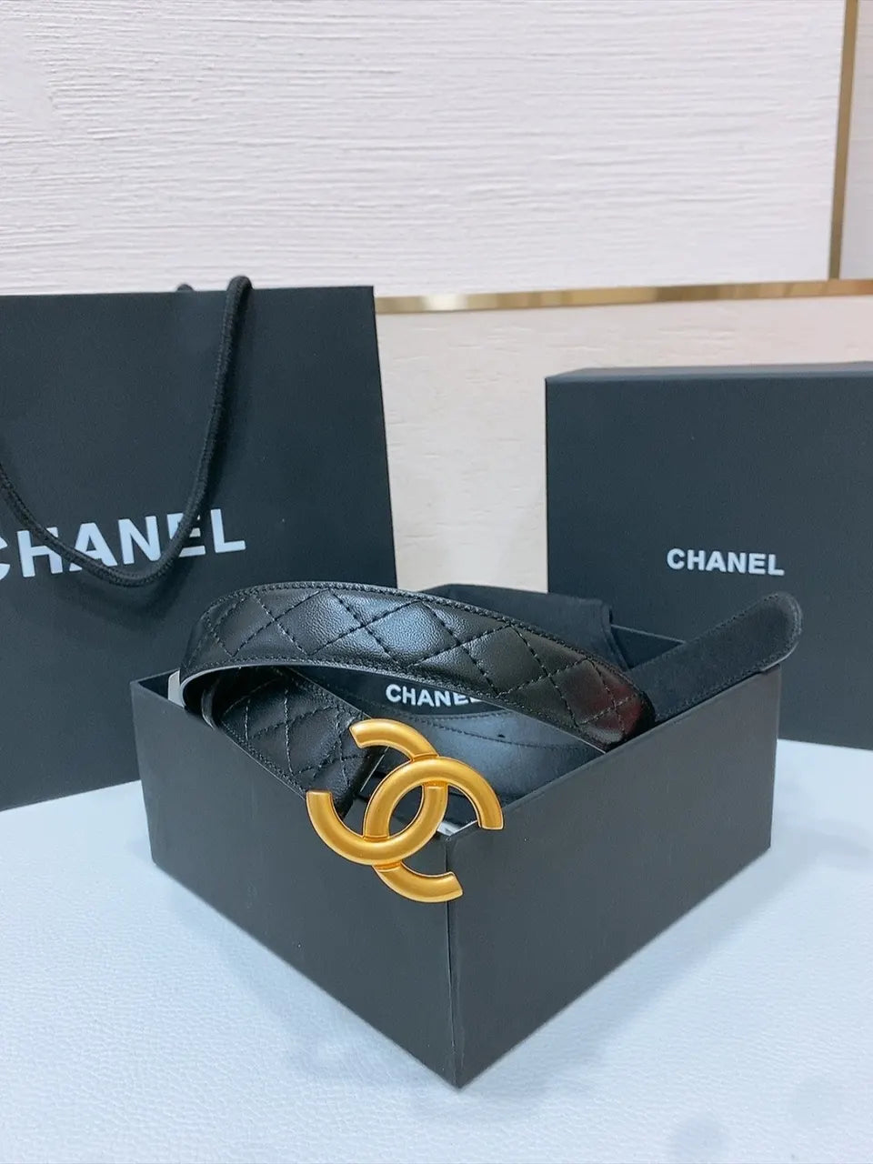 gold Chanel Quilted Black Leather Belt - Hình 2