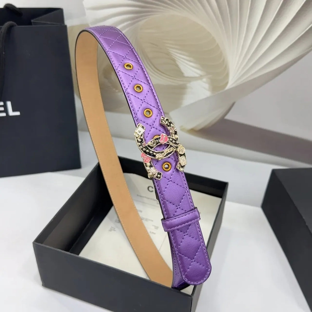 Chanel Purple Quilted Leather Belt - Hình 2