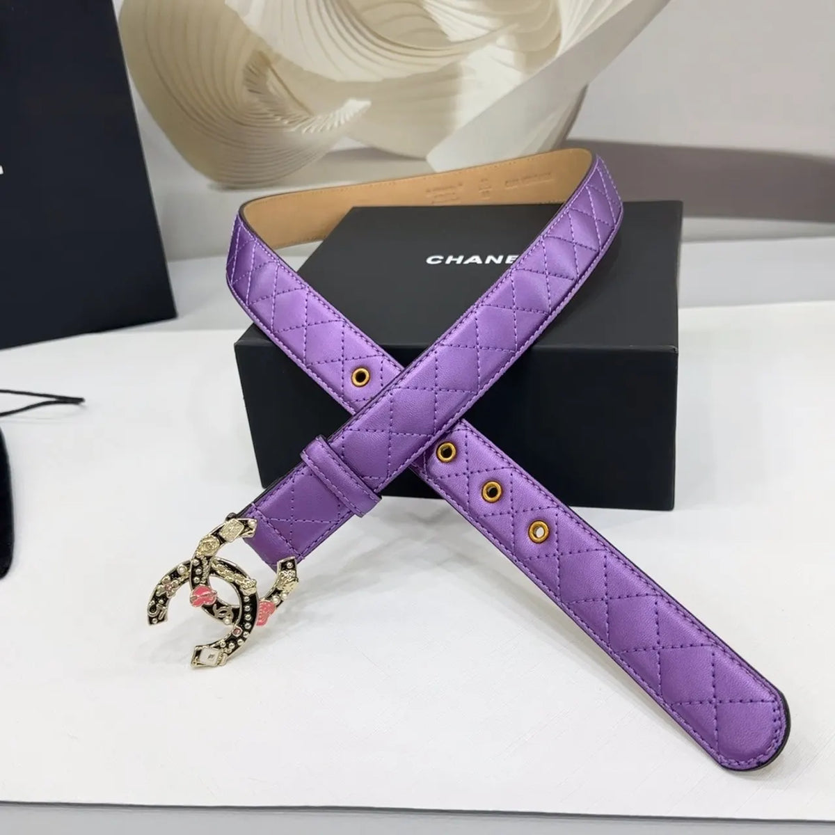 Chanel Purple Quilted Leather Belt - Hình 4