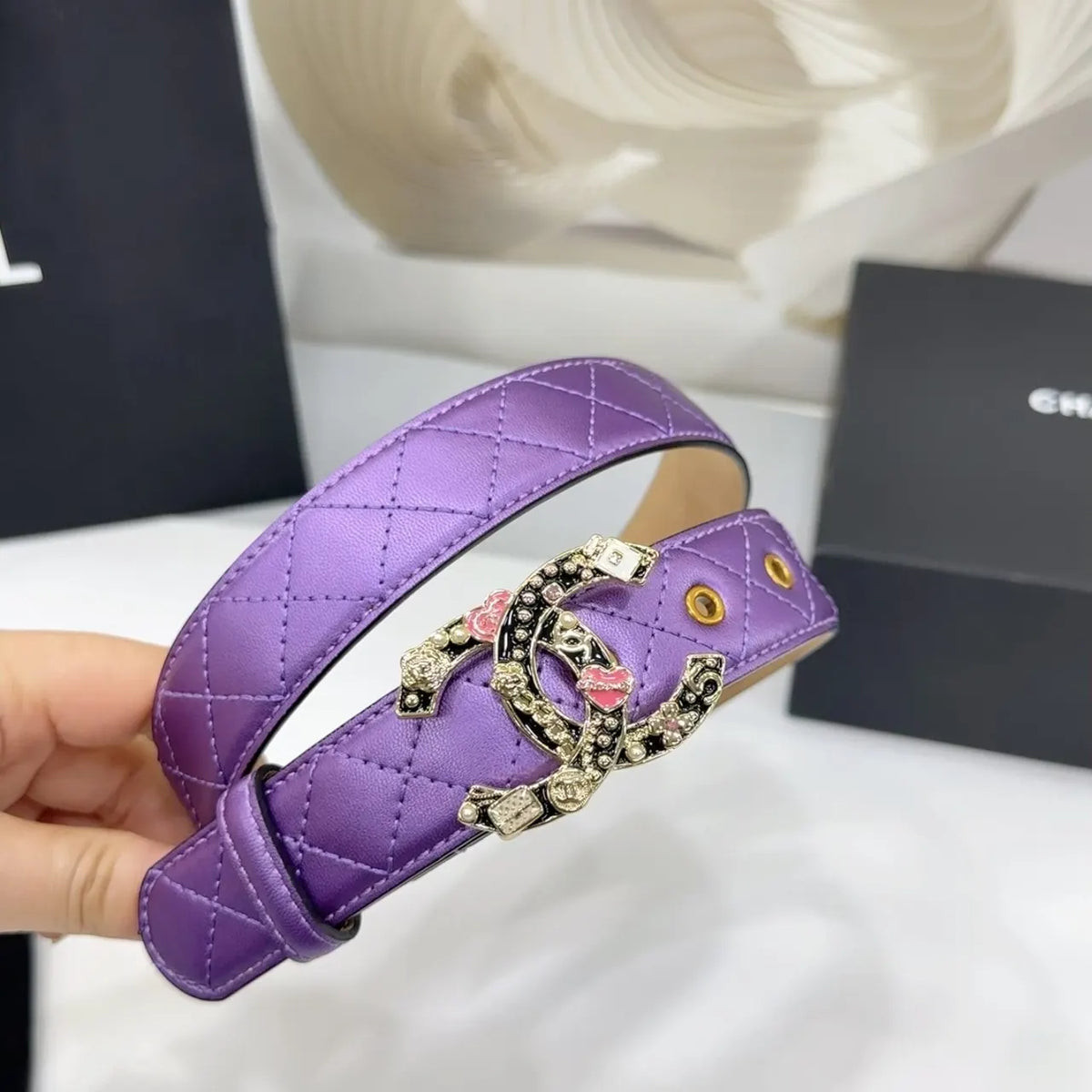 Chanel Purple Quilted Leather Belt - Hình 5
