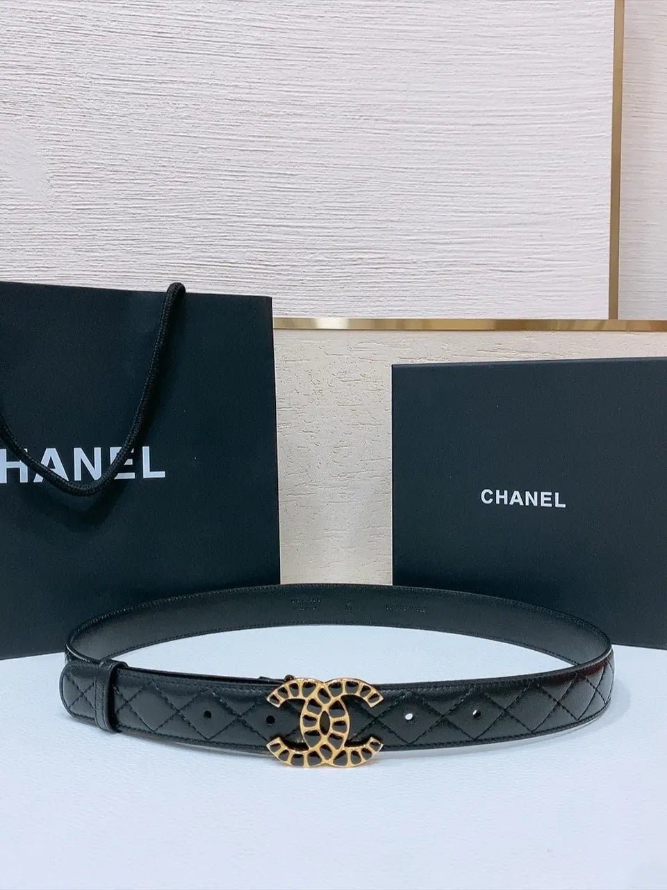 gold Chanel Quilted Black Leather Belt