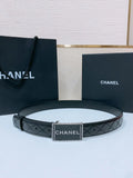 silver Chanel Quilted Black Leather Belt