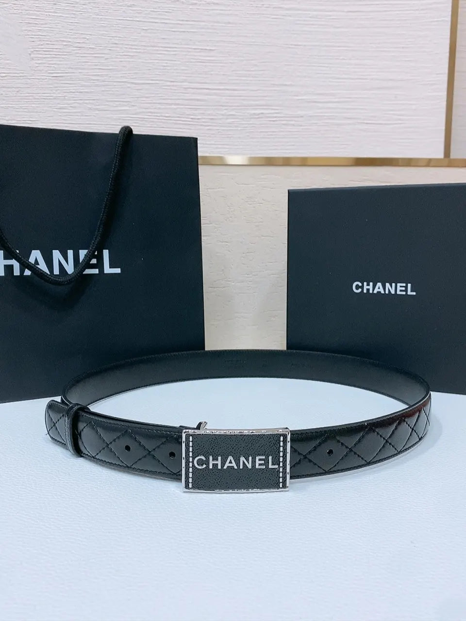 silver Chanel Quilted Black Leather Belt