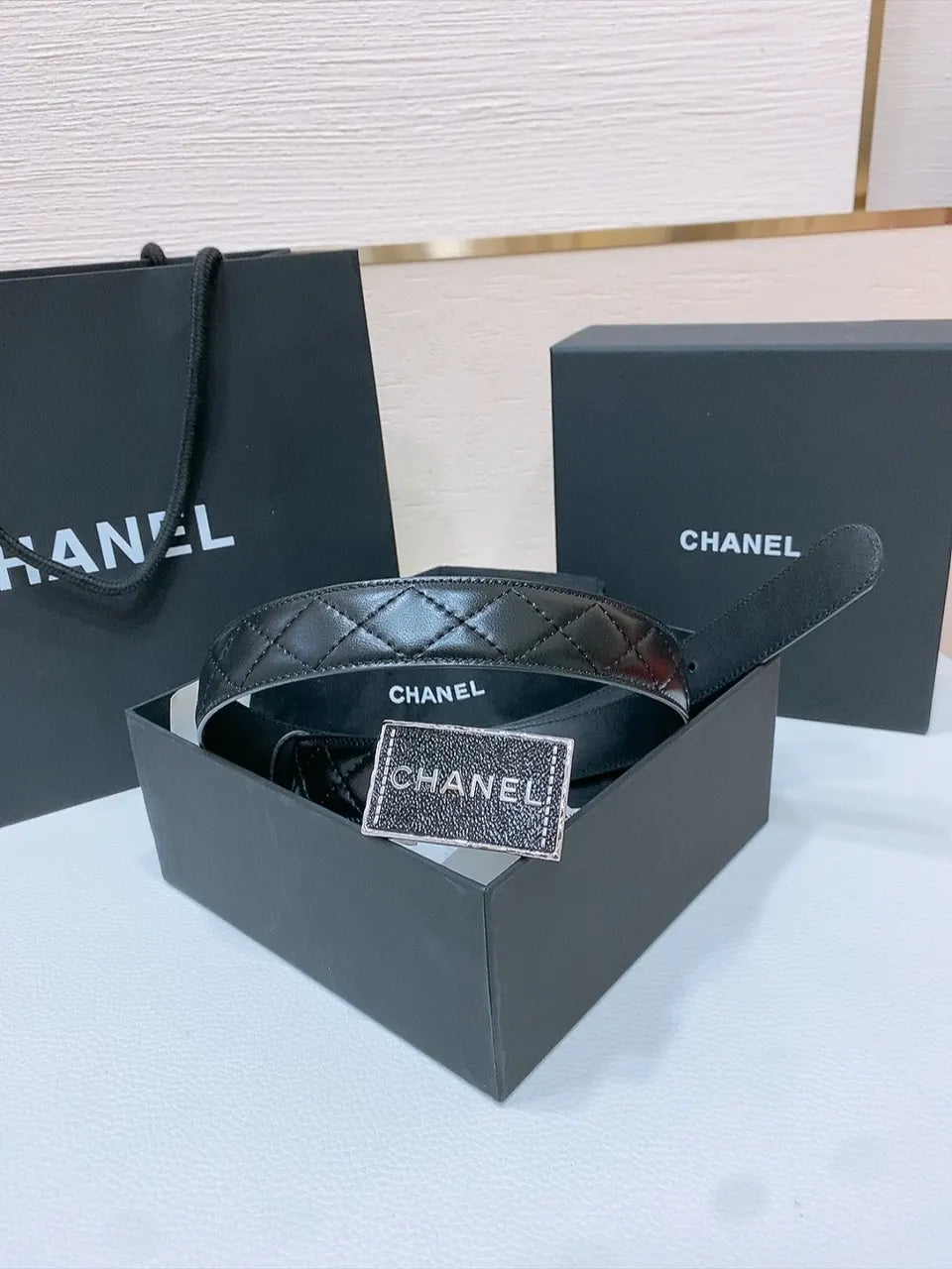 silver Chanel Quilted Black Leather Belt - Hình 3