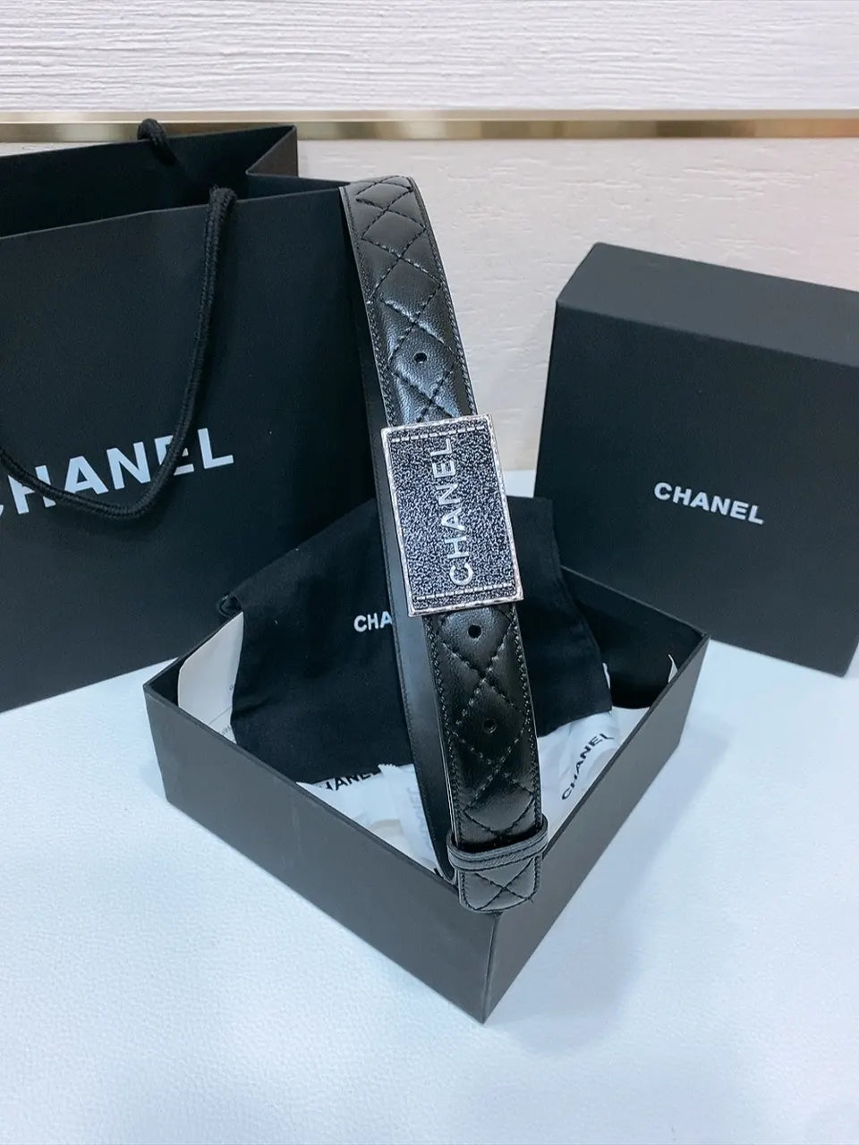 silver Chanel Quilted Black Leather Belt - Hình 6