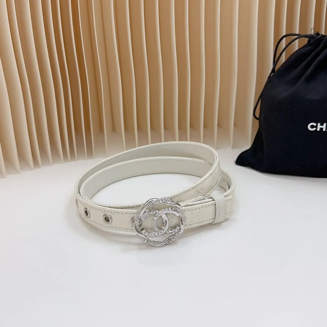 silver cc Chanel White Leather Belt