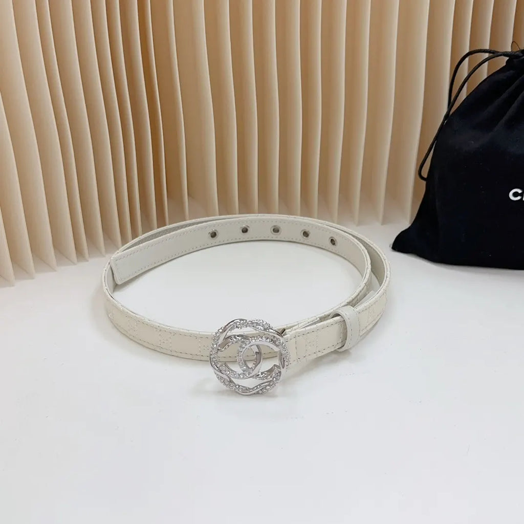 silver cc Chanel White Leather Belt - Hình 2