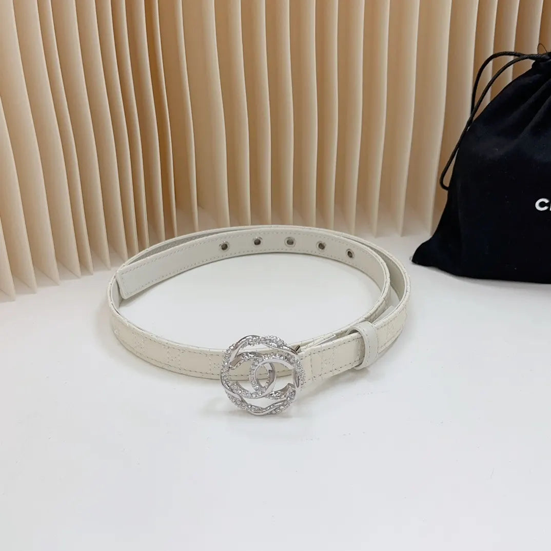 silver cc Chanel White Leather Belt - Hình 2
