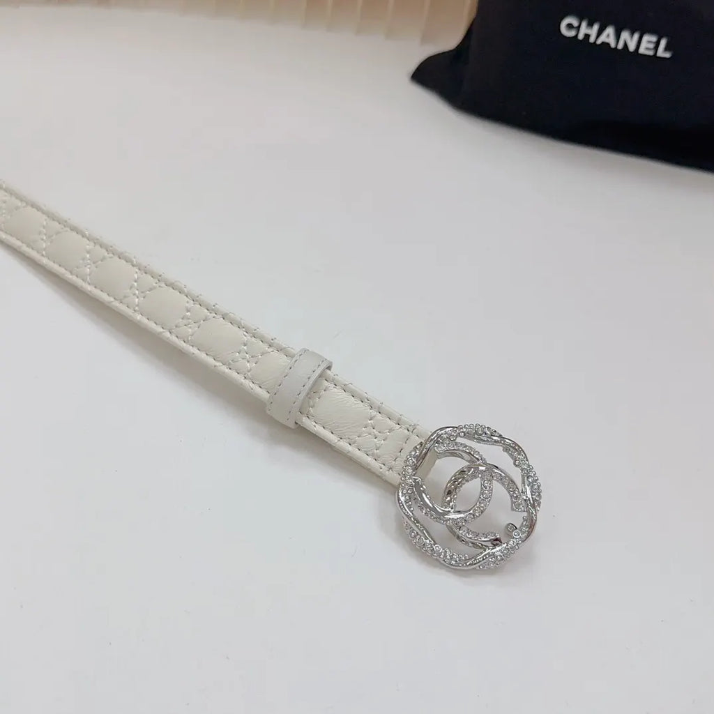 silver cc Chanel White Leather Belt - Hình 3