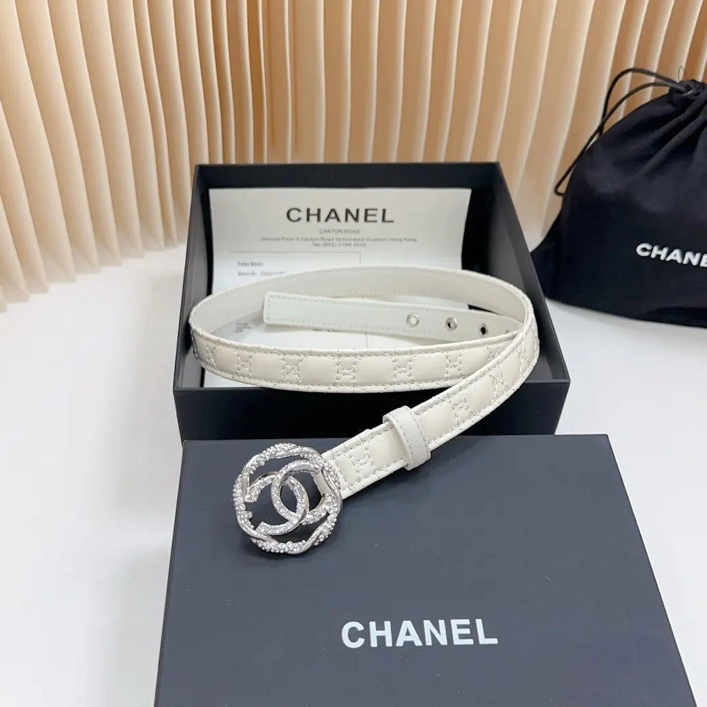 silver cc Chanel White Leather Belt - Hình 4