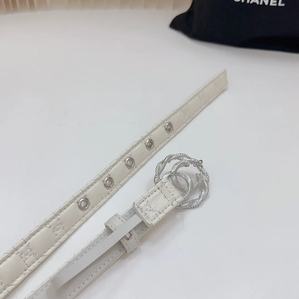silver cc Chanel White Leather Belt - Hình 5