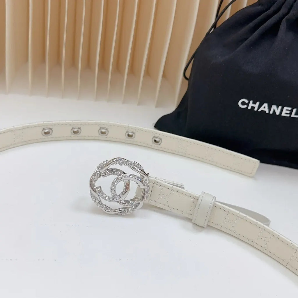 silver cc Chanel White Leather Belt - Hình 6