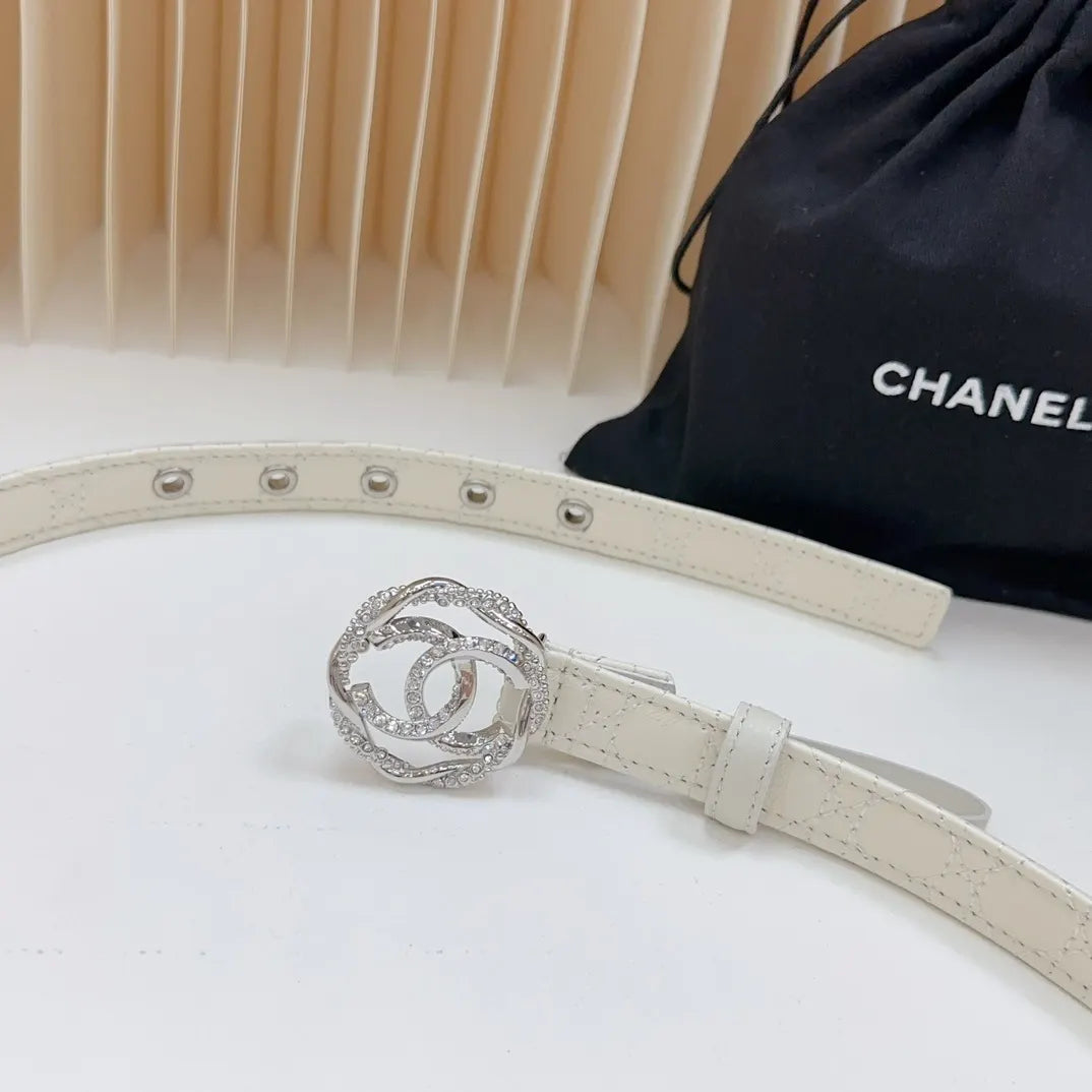 silver cc Chanel White Leather Belt - Hình 6