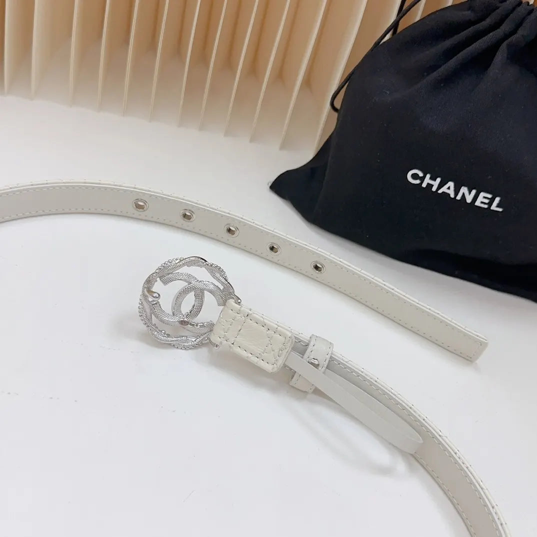 silver cc Chanel White Leather Belt - Hình 7