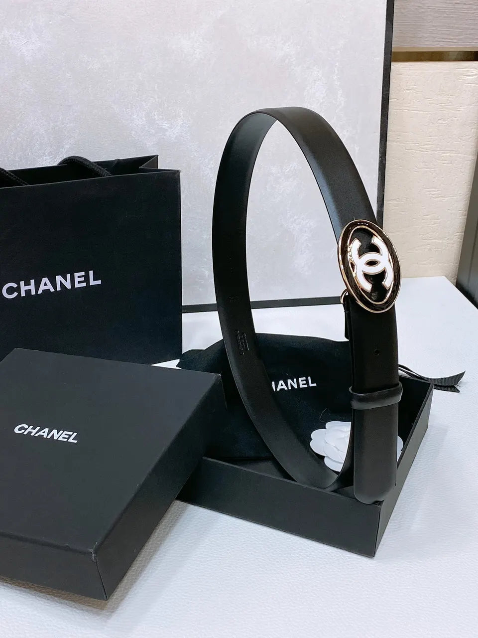 cc oval Chanel Black Leather Belt Gold