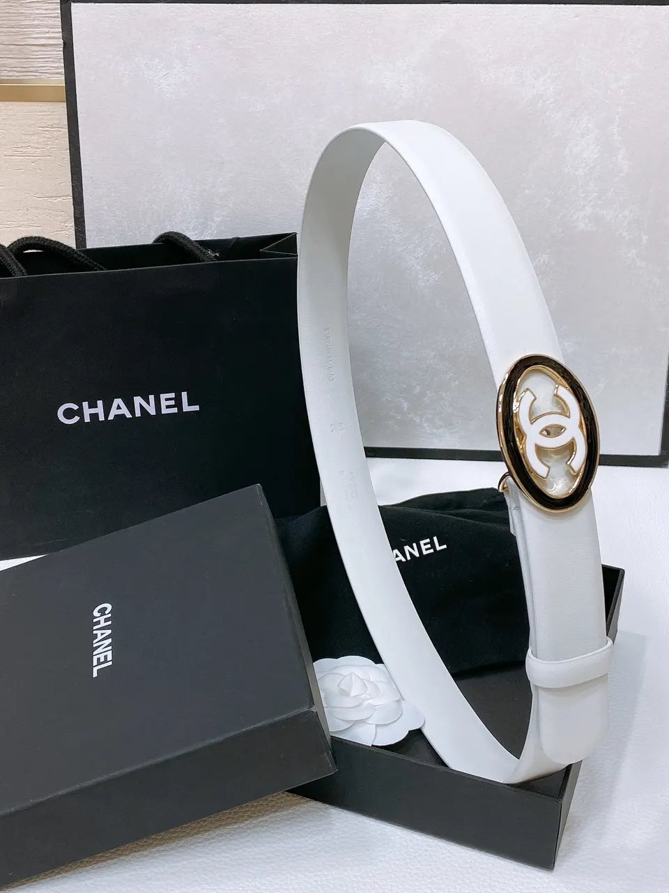Chanel White Leather Belt Gold Trim CC