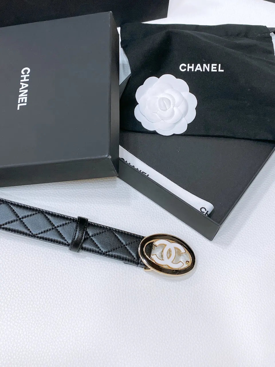 oval Chanel Quilted Black Leather Belt