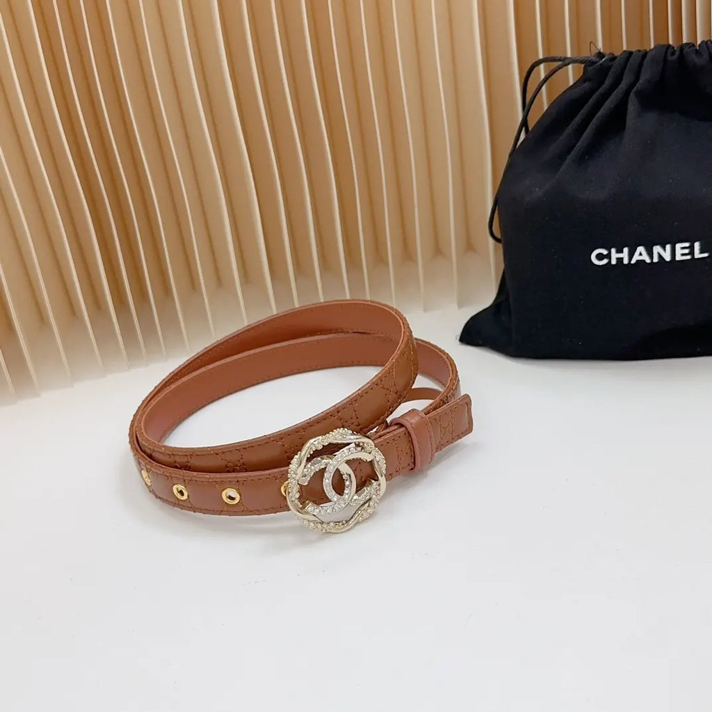 rhinestone Chanel Tan Leather Belt - Hình 2