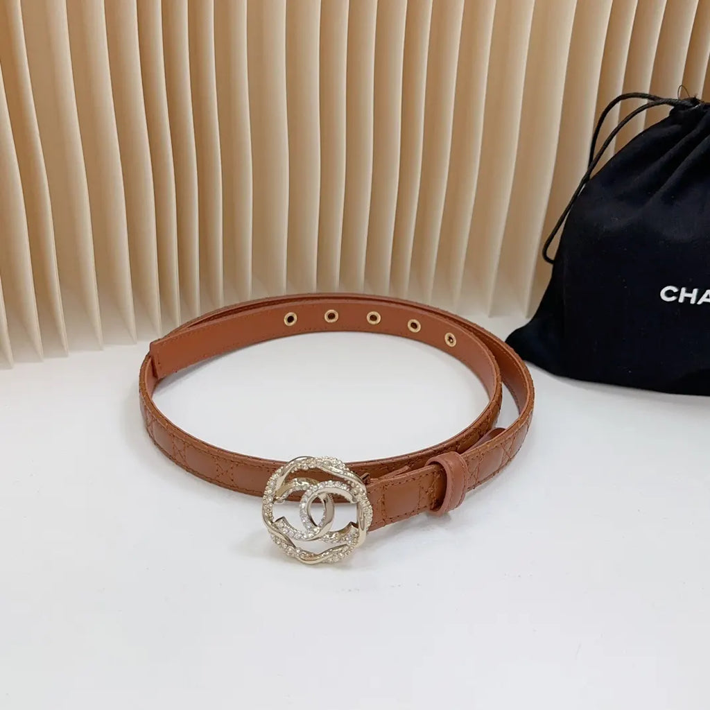 rhinestone Chanel Tan Leather Belt - Hình 3