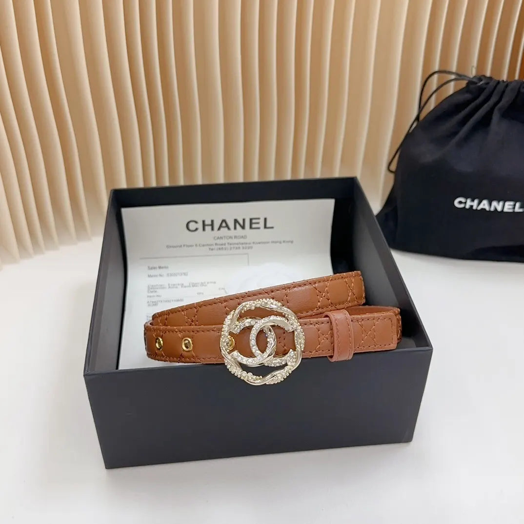 rhinestone Chanel Tan Leather Belt - Hình 5