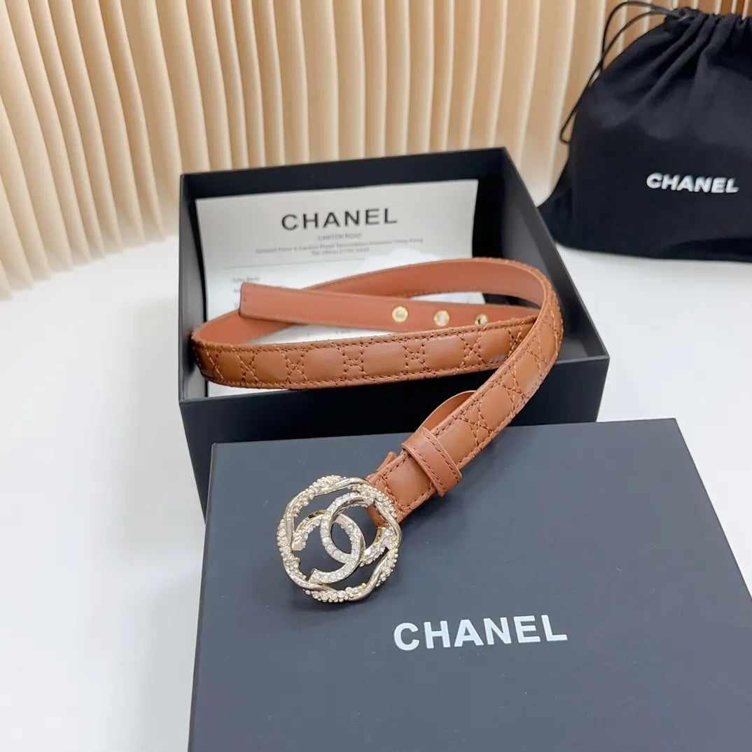 rhinestone Chanel Tan Leather Belt - Hình 6